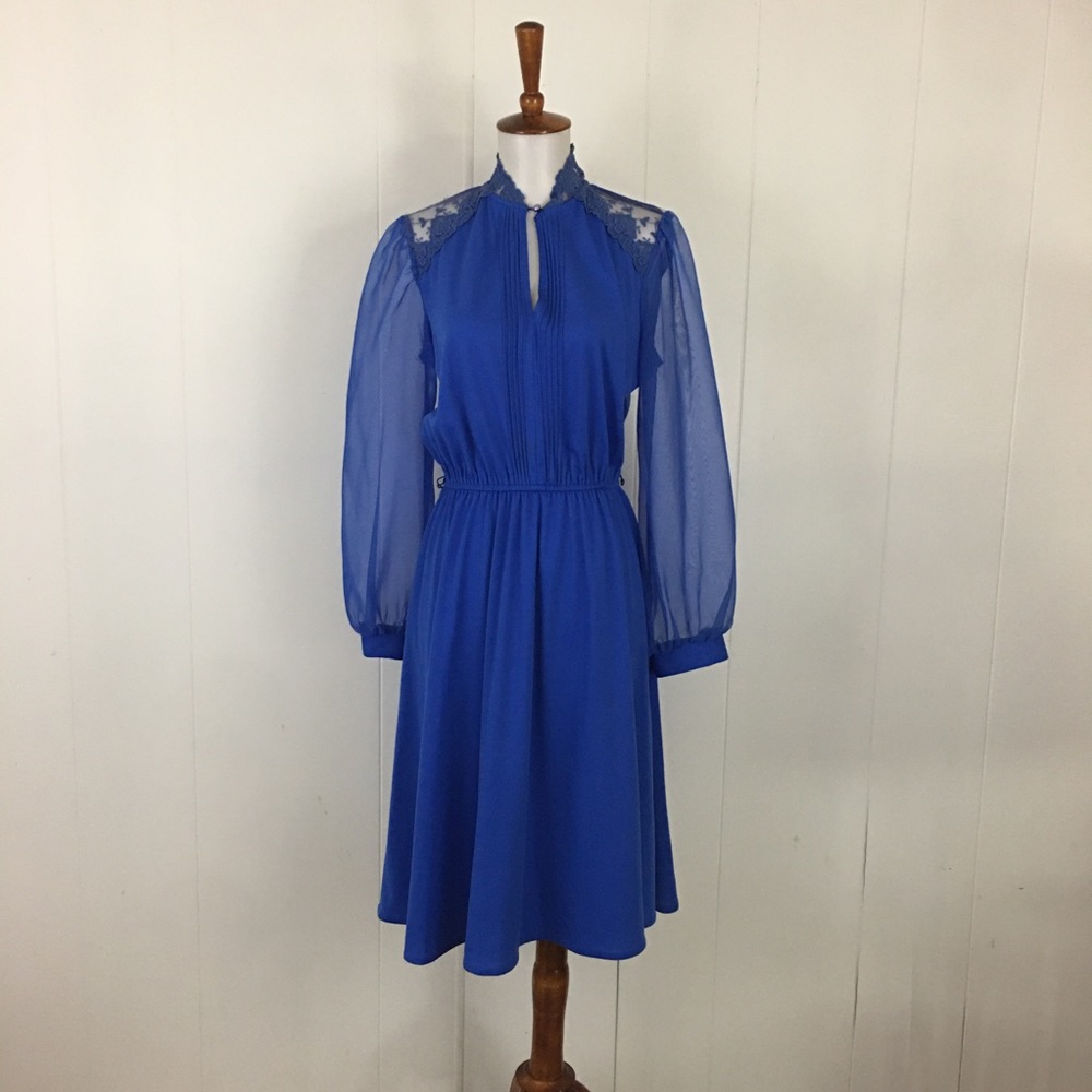 Vintage Cobalt Blue Midi Dress with Lace Yoke
